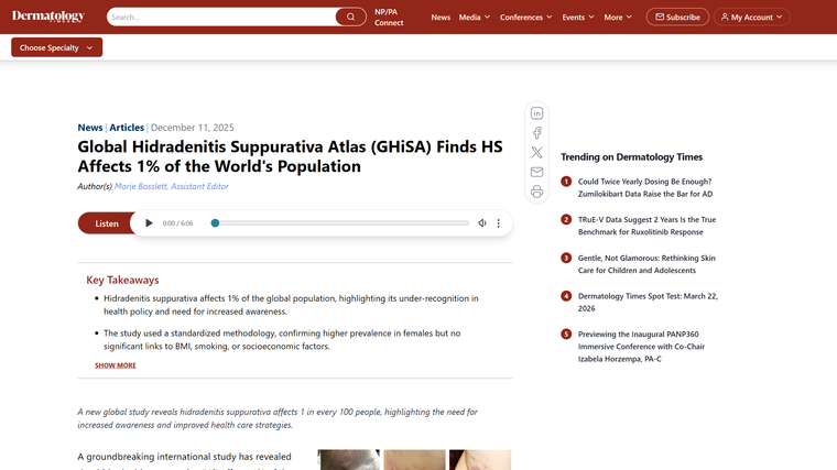 Global Hidradenitis Suppurativa Atlas (GHiSA) Finds HS Affects 1% of the World's Population